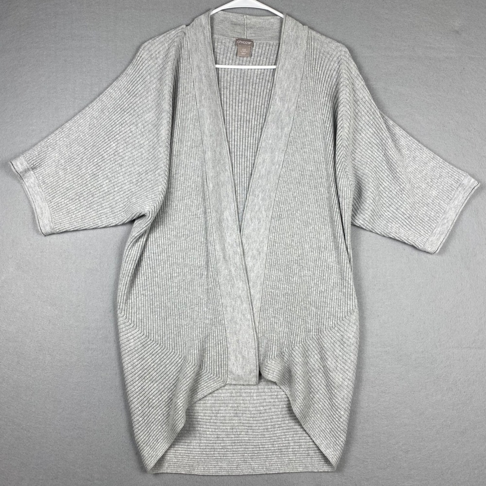 Chicos Gray Ribbed Open Front Cardigan Sweater Short Dolman Coolmax Size XS